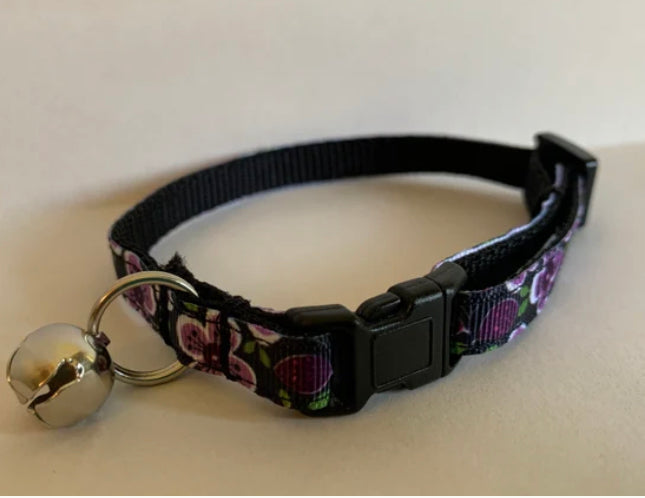 Purple and Black Flowers Small Floral Cat Collar with Breakaway Safety Buckle and Bell